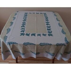 Vintage 50s Simtex Printed Cotton Tablecloth Gray Green Ferns 60"